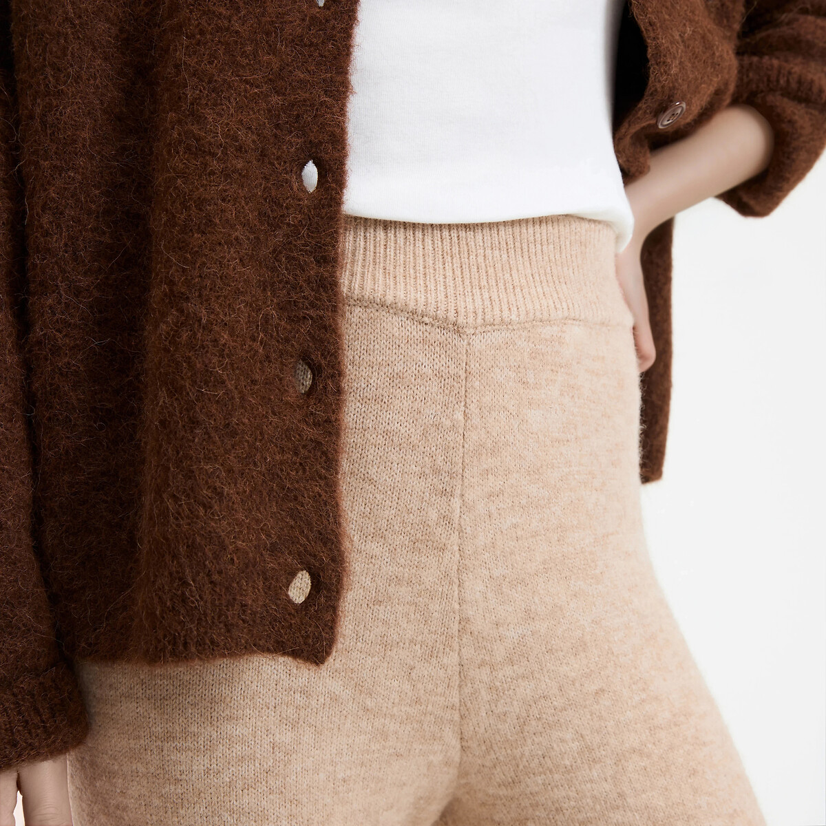 Wide Leg Trousers in Knitted Fabric with High Waist beige marl, LA REDOUTE COLLECTIONS