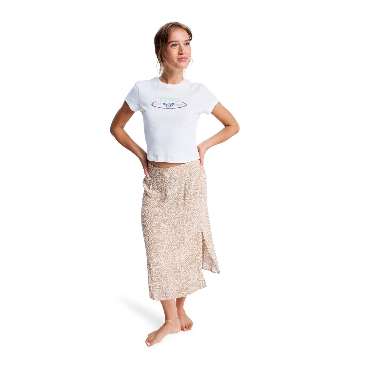 Jupe midi à bretelles SENSE OF SECRET. beige parchment animal floral, ROXY