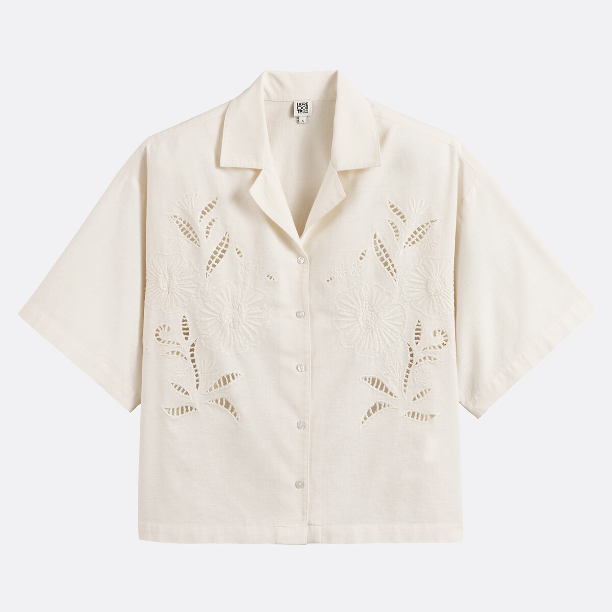 Camisa de manga curta bordada e rendada marfim bordado, LA REDOUTE COLLECTIONS