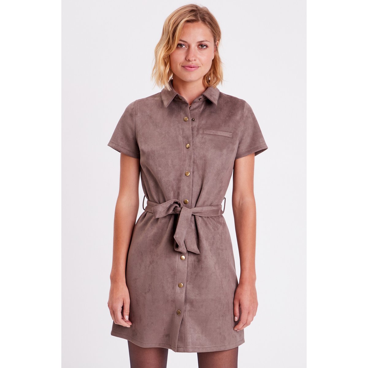 Robe droite ceinturée suédine taupe, CACHE CACHE