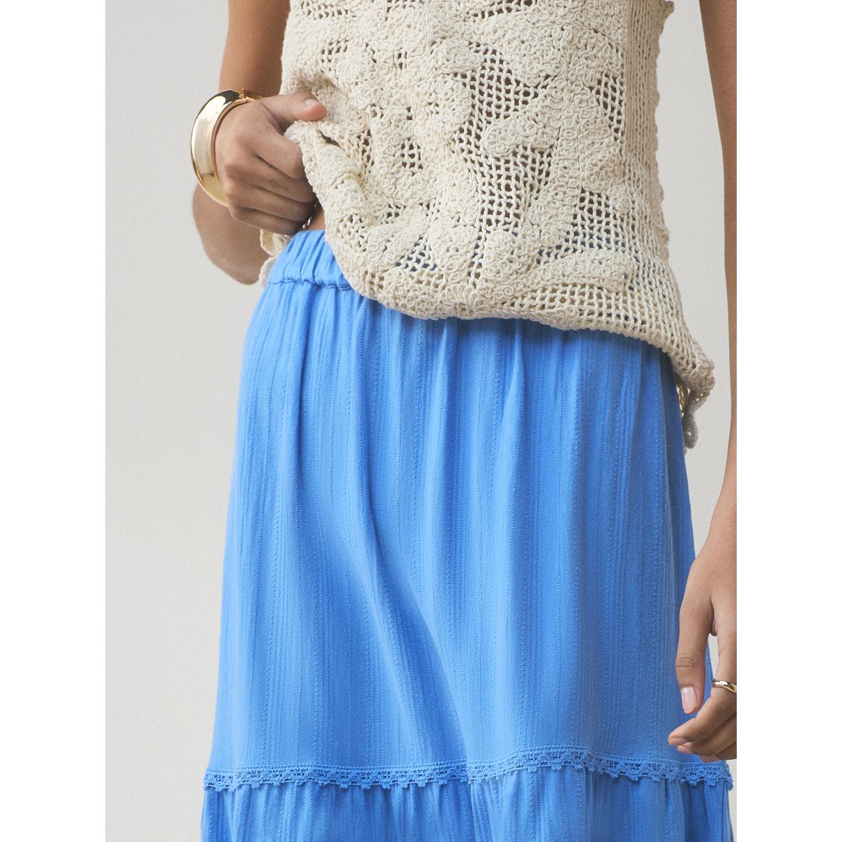 Jupe longue en coton avec volants superposés bleu, NEXT