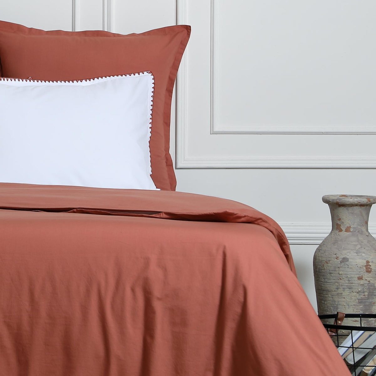 Taie d'oreiller (x2) percale de coton ZOÉ blanc / rouge, FEBRONIE