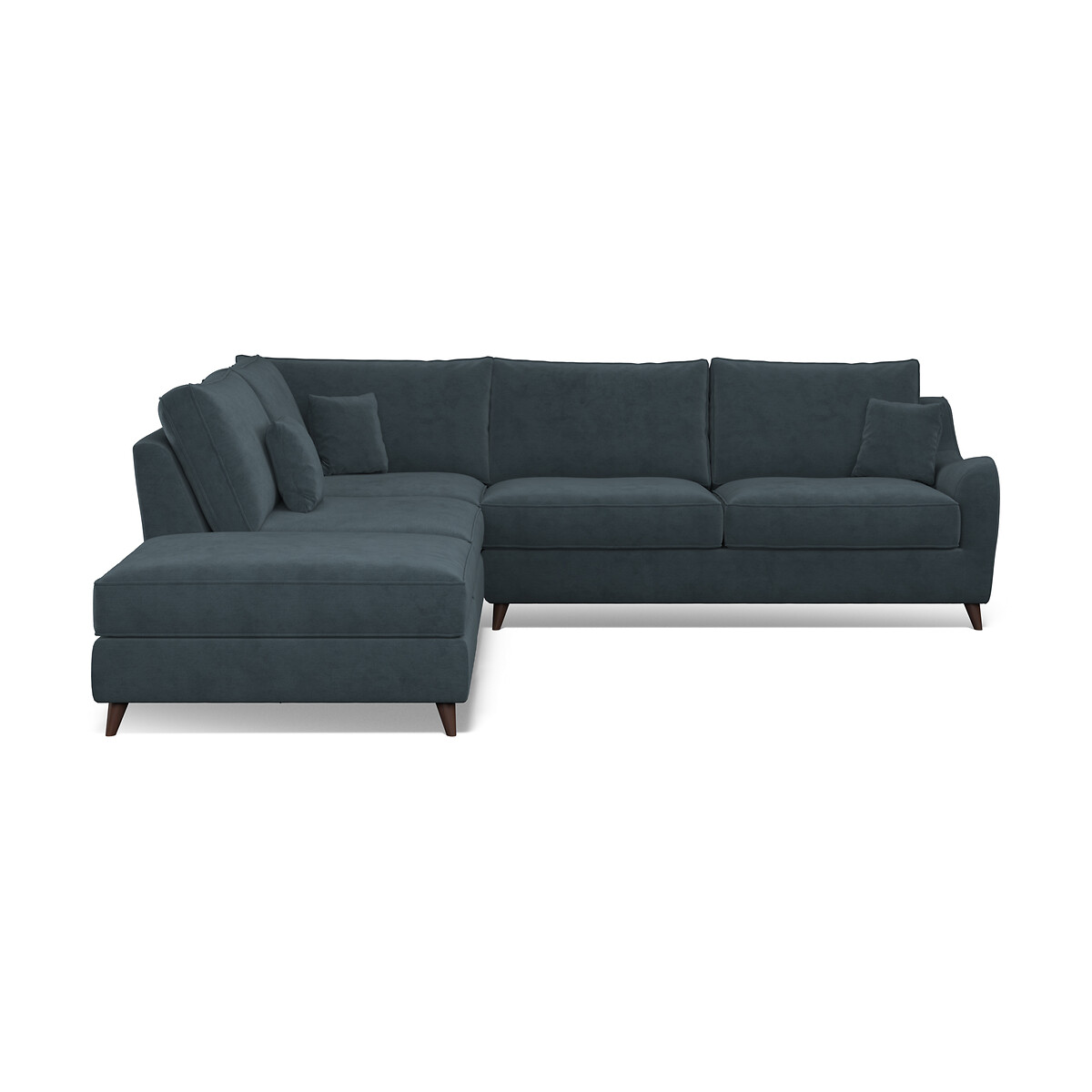 Amelia Textured Velvet Corner Sofa & Modular Footstool Set with Dark Wood Legs (Left Facing) petrol blue, ÉDITÉ