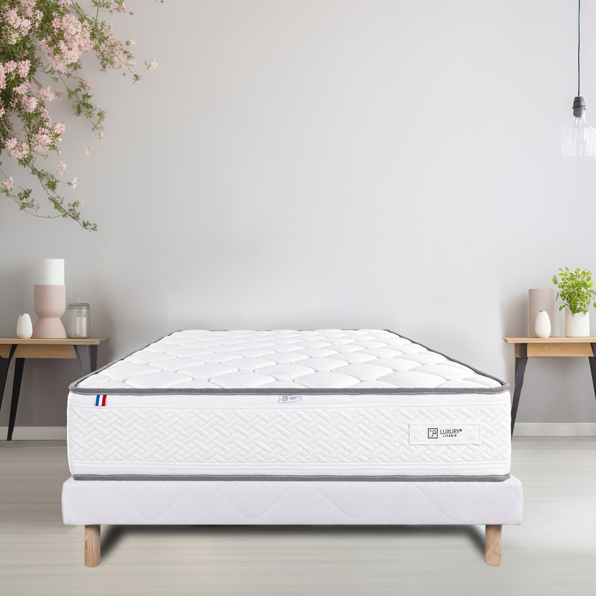 Ensemble literie ferme 20 cm en mousse haute densité avec sommier tapissier blanc blanc, HOME MAISON