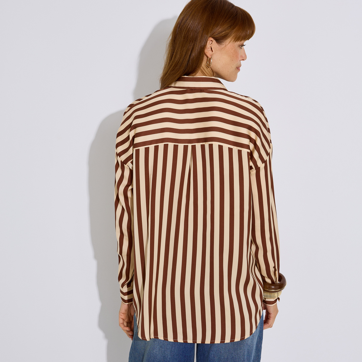 Chemise satinée à rayures marron, GRAIN DE MALICE