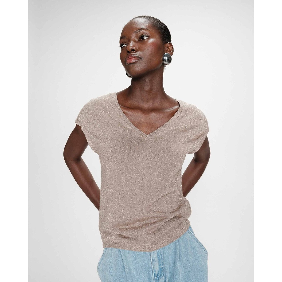 T-shirt en fil textile col V VALSONS beige, GRACE & MILA