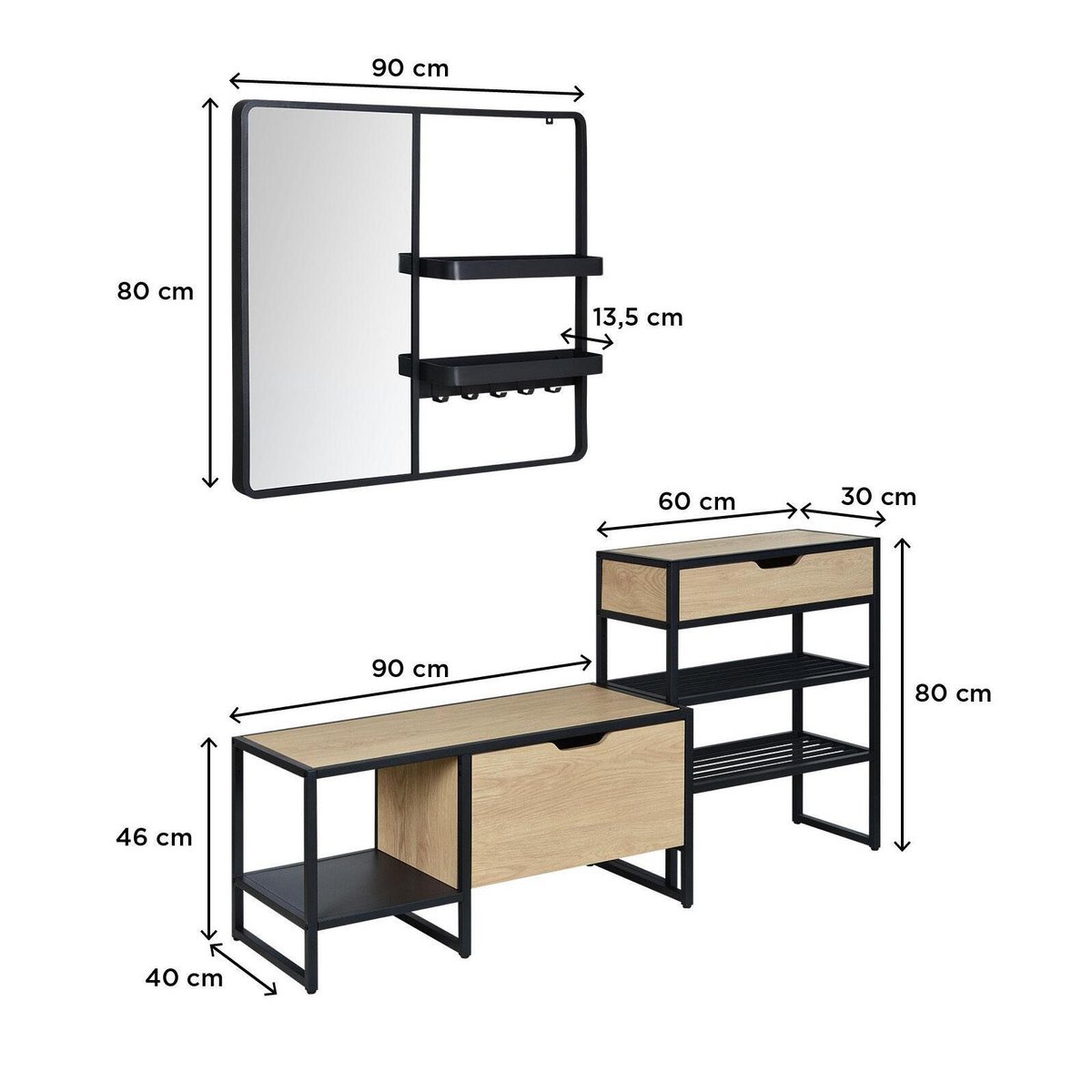 Ensemble d'entrée banc +console +miroir WILKO noir et bois, MOB IN