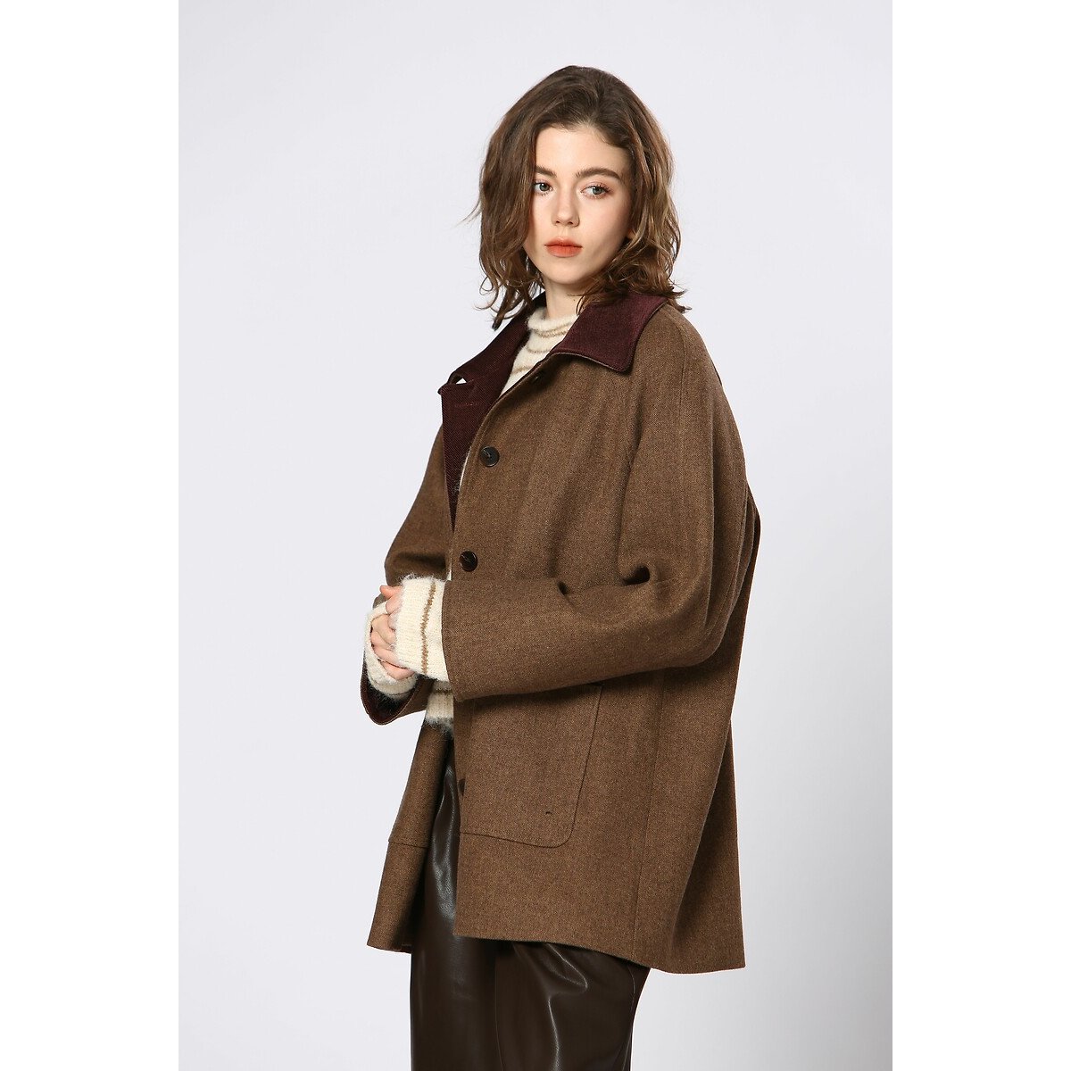 Mid-Length Coat with Velvet Collar brown, SEE U SOON