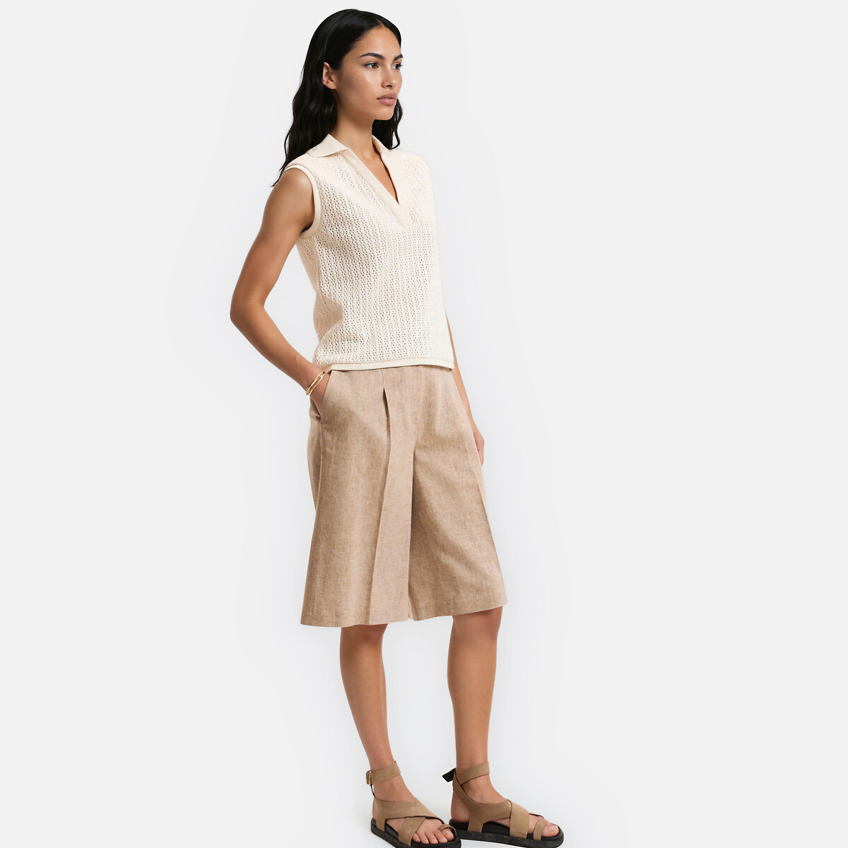 Bermudas de lino y algodón con pinzas camel, LA REDOUTE COLLECTIONS