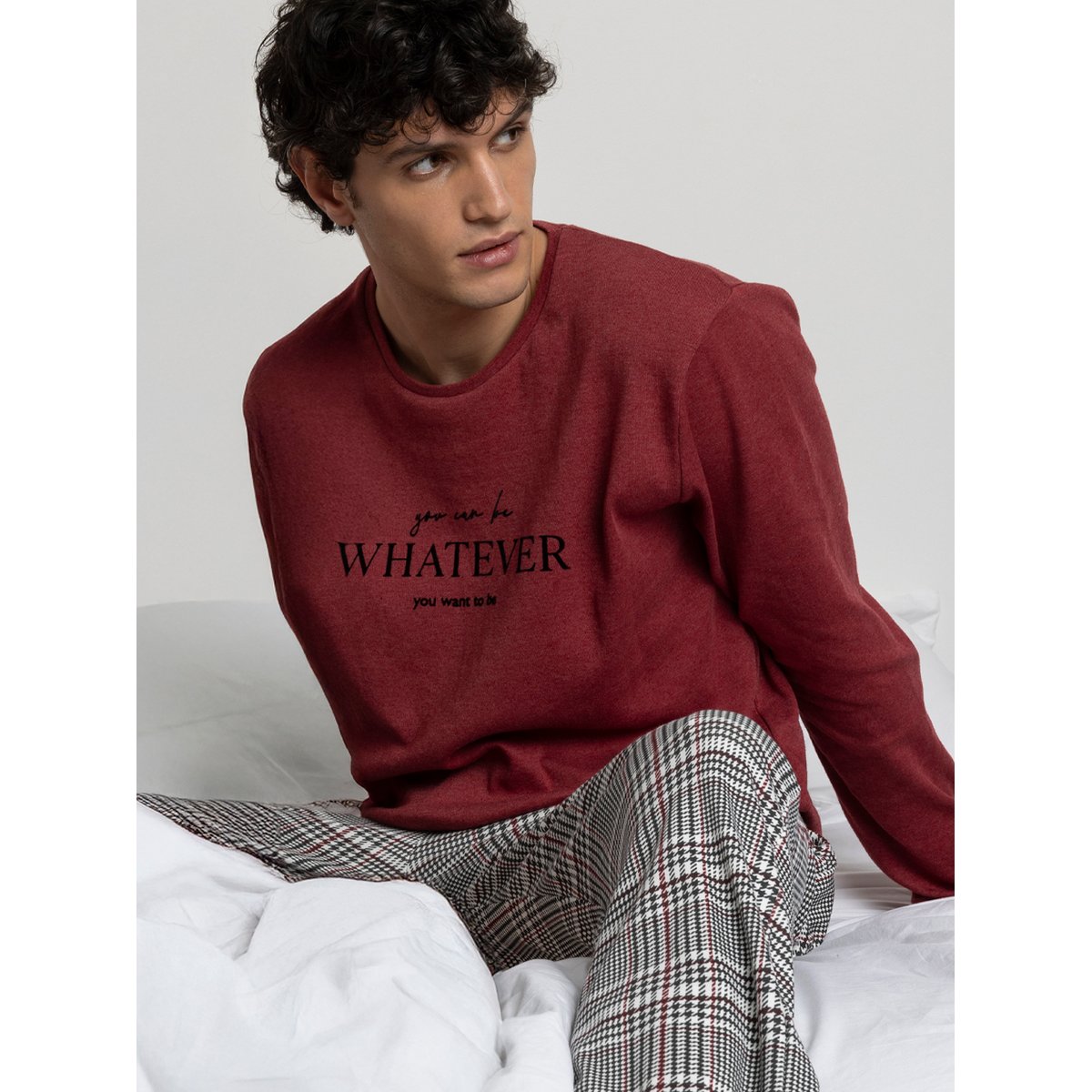 Pyjama pantalon top manches longues Houndstooth bordeaux, ADMAS