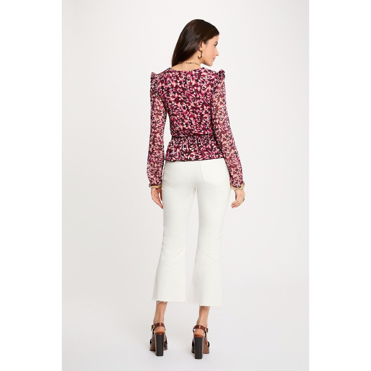 Blouse imprimée col V imprimé rose, MORGAN