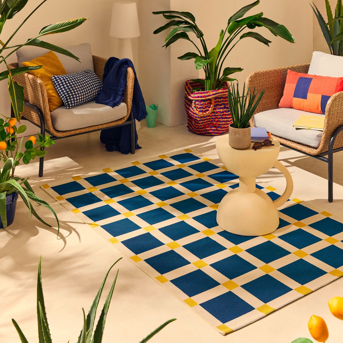 Tapis extérieur à motif damier POSITANO bleu, NAZAR RUGS