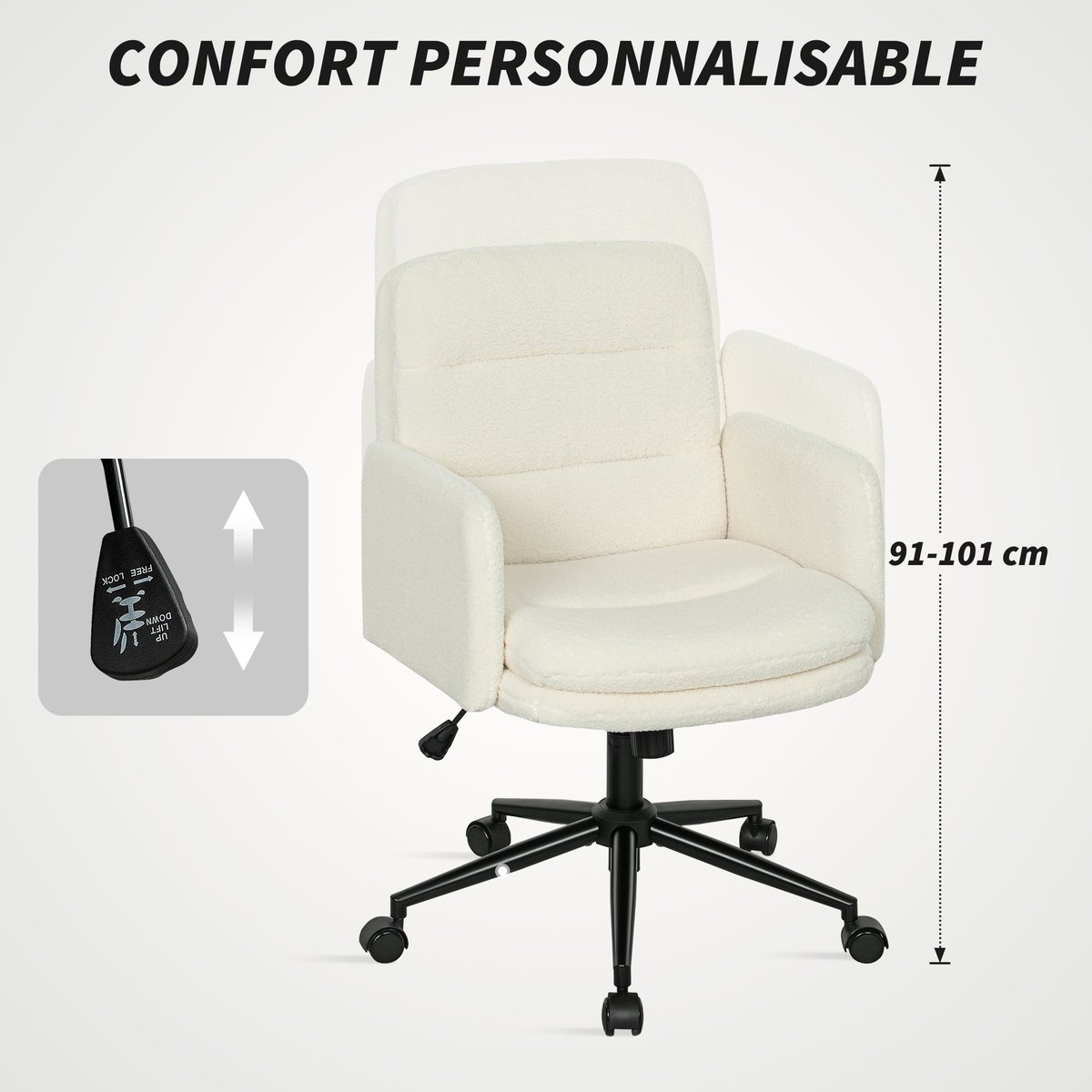 Chaise de bureau Tissu effet laine bouclée crème, HOMCOM