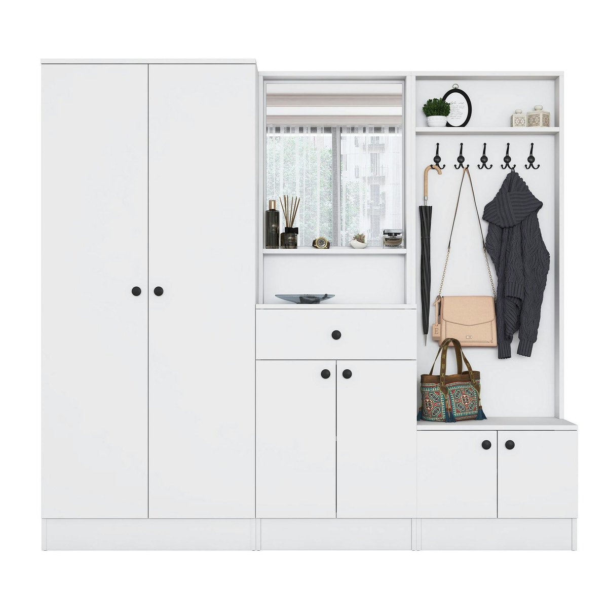 Vestiaire d'entrée blanc, miroir et meuble à chaussures MARFA blanc, PIER IMPORT