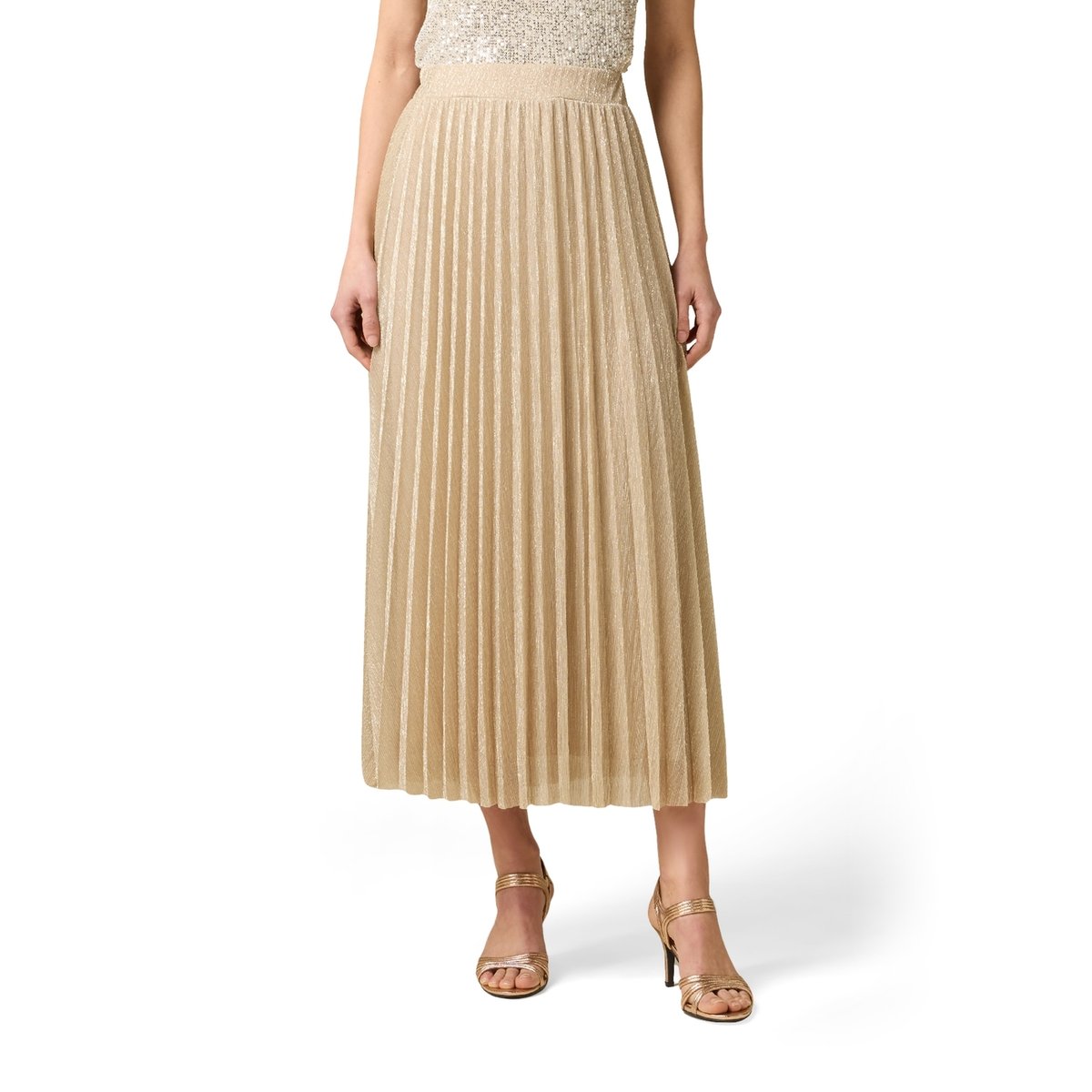 Jupe longue plissée en fil textile oro, OLTRE