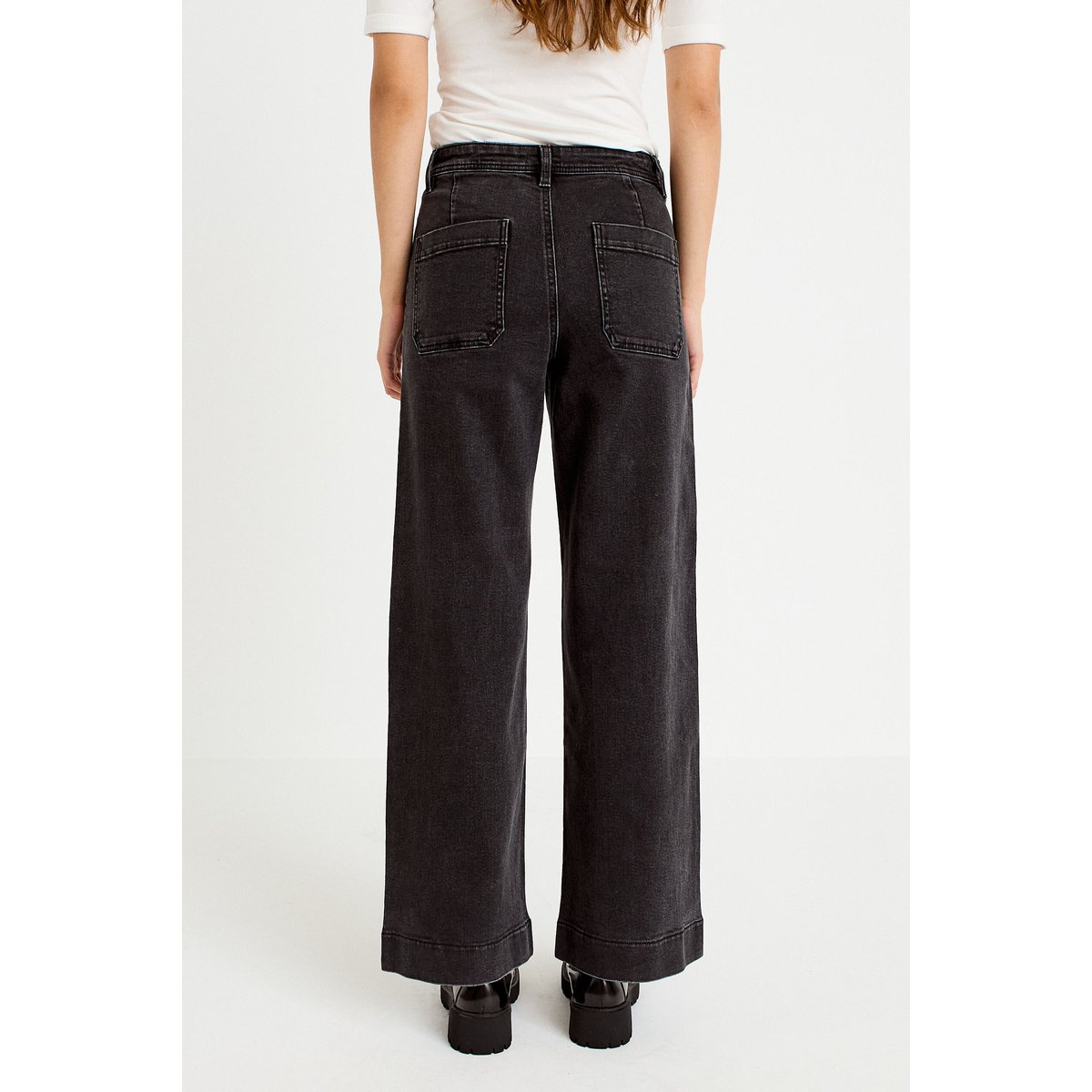 Jean wide leg cropped taille haute denim noir, CACHE CACHE