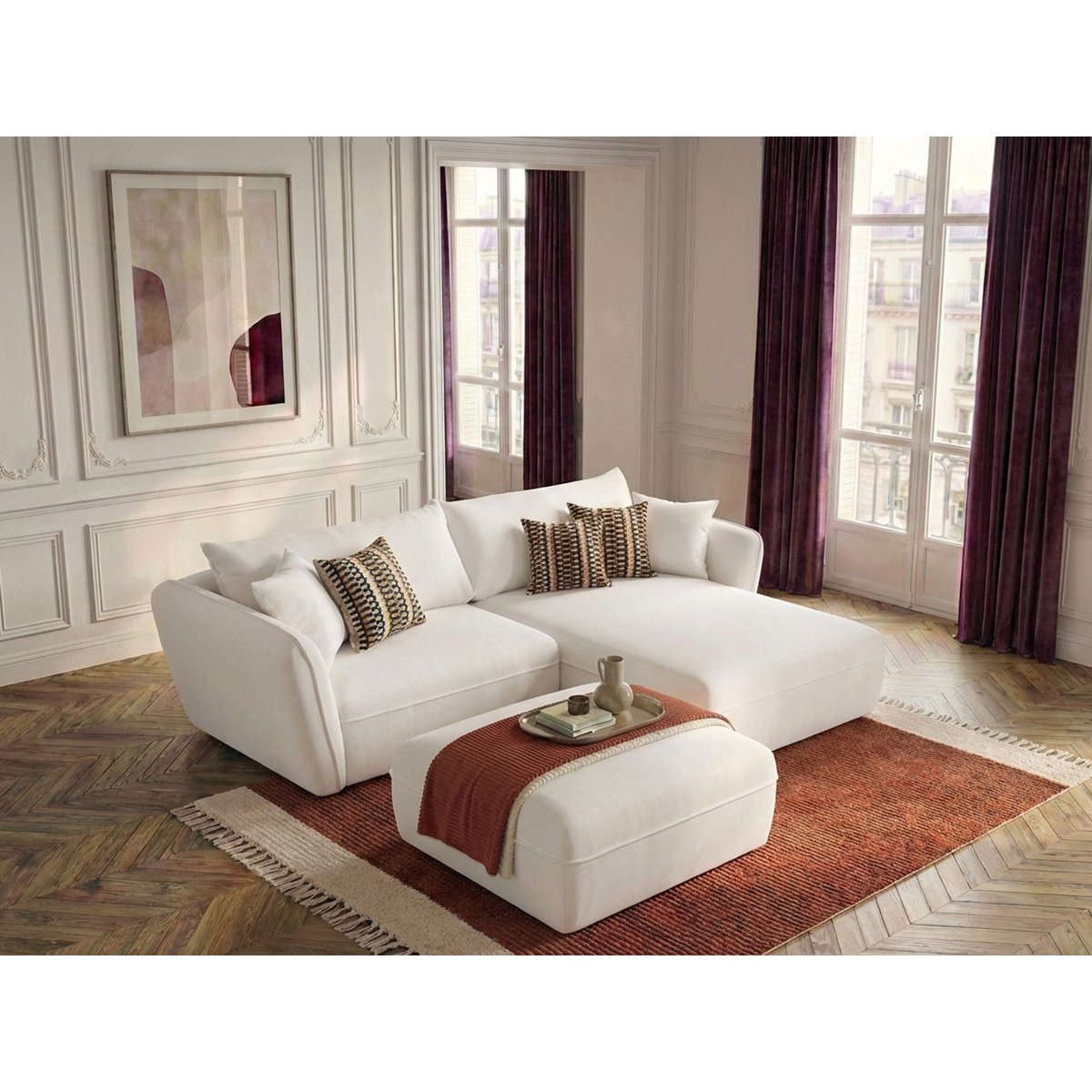 Canapé d'angle fixe 3 places en tissu texturé avec pouf, LUIGI blanc, BOBOCHIC