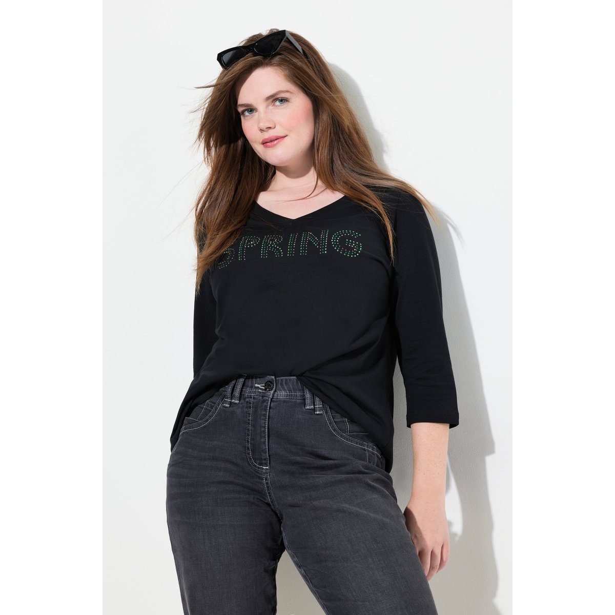 T-shirt col en V et manches 3/4 noir, ULLA POPKEN