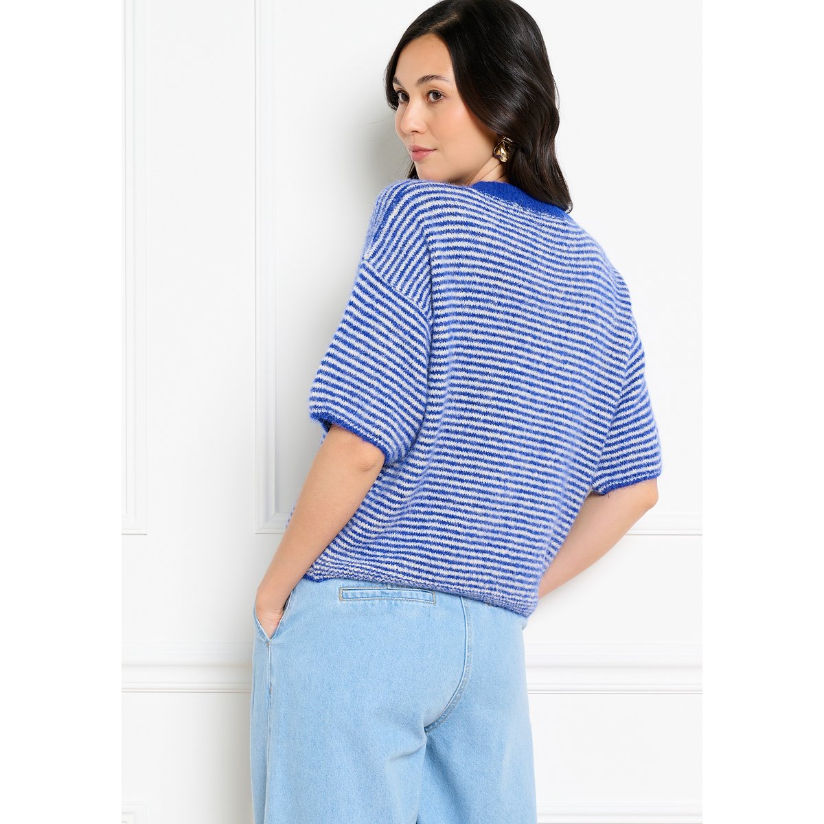 Pull rayé manches courtes bleu electrique, LOLALIZA