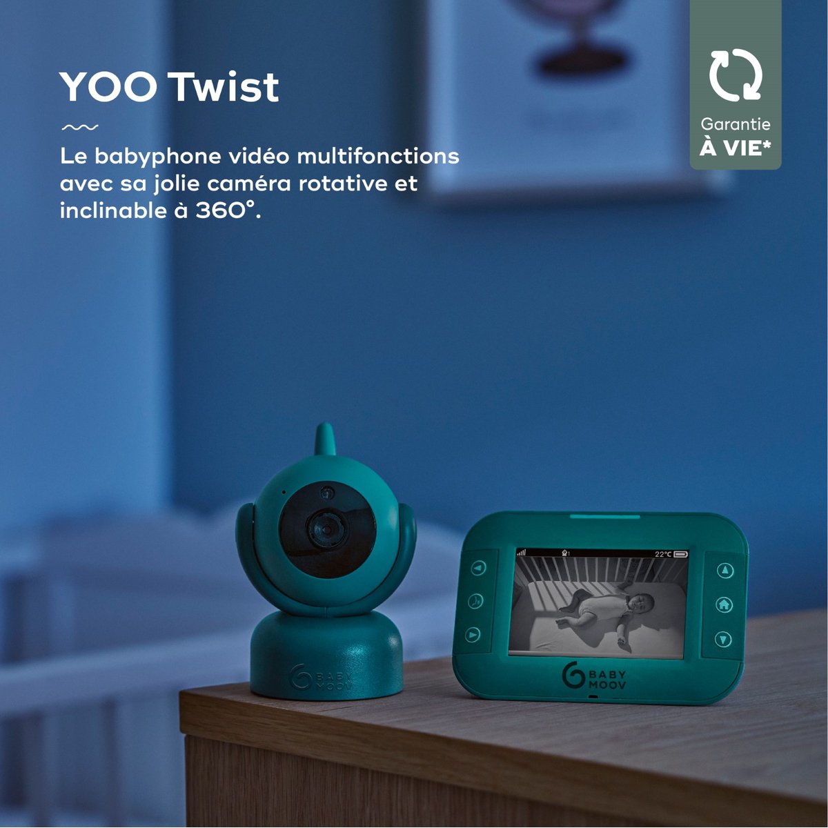 Babyphone vidéo multifonctions Yoo Twist avec caméra rotative et inclinable vert, BABYMOOV