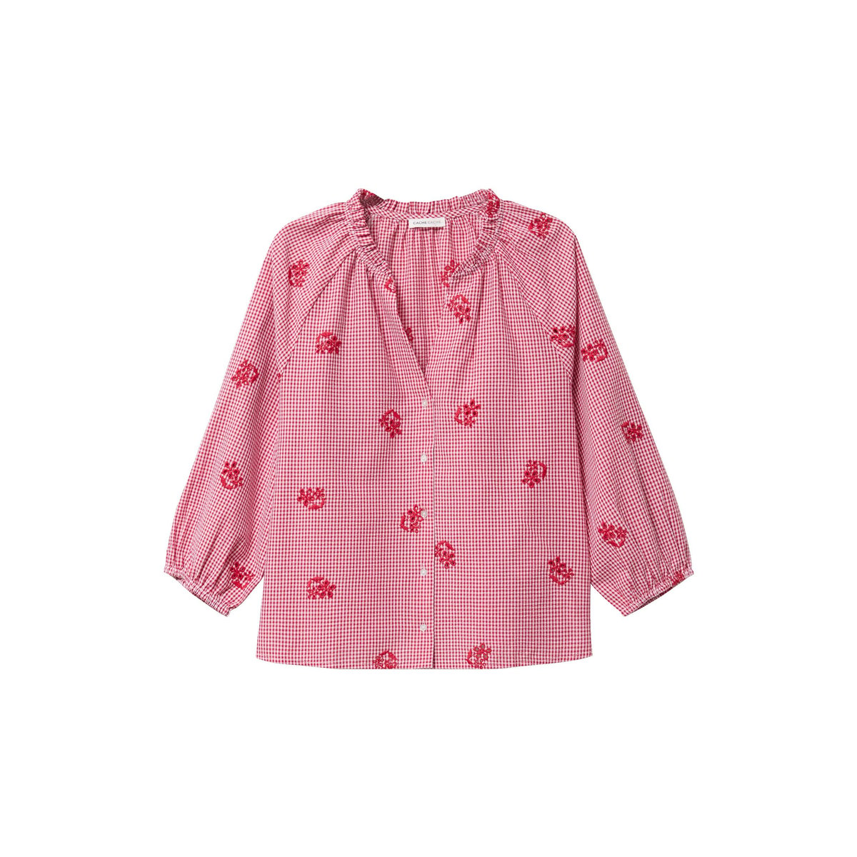 Blouse col v manches 3/4 broderie rouge, CACHE CACHE