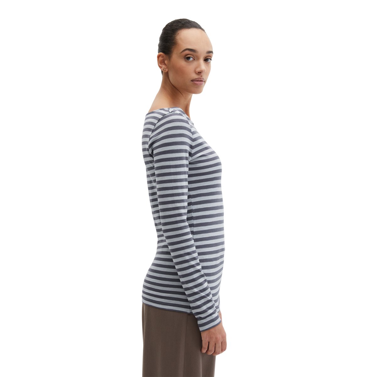 T-shirt à rayures longues régulier en jersey slub bleu moyen, MARC O'POLO