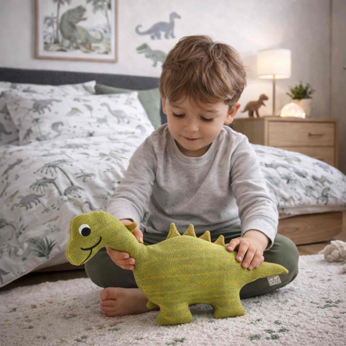 Peluche doudou dinosaure en coton bio TRICOT vert, SEVIRA KIDS