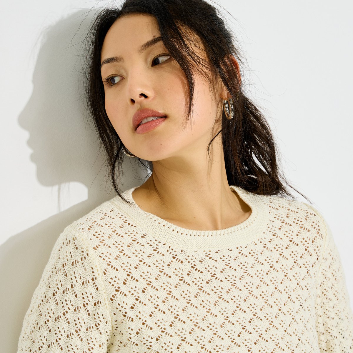 Pull col rond ajouré blanc cassé, GRAIN DE MALICE
