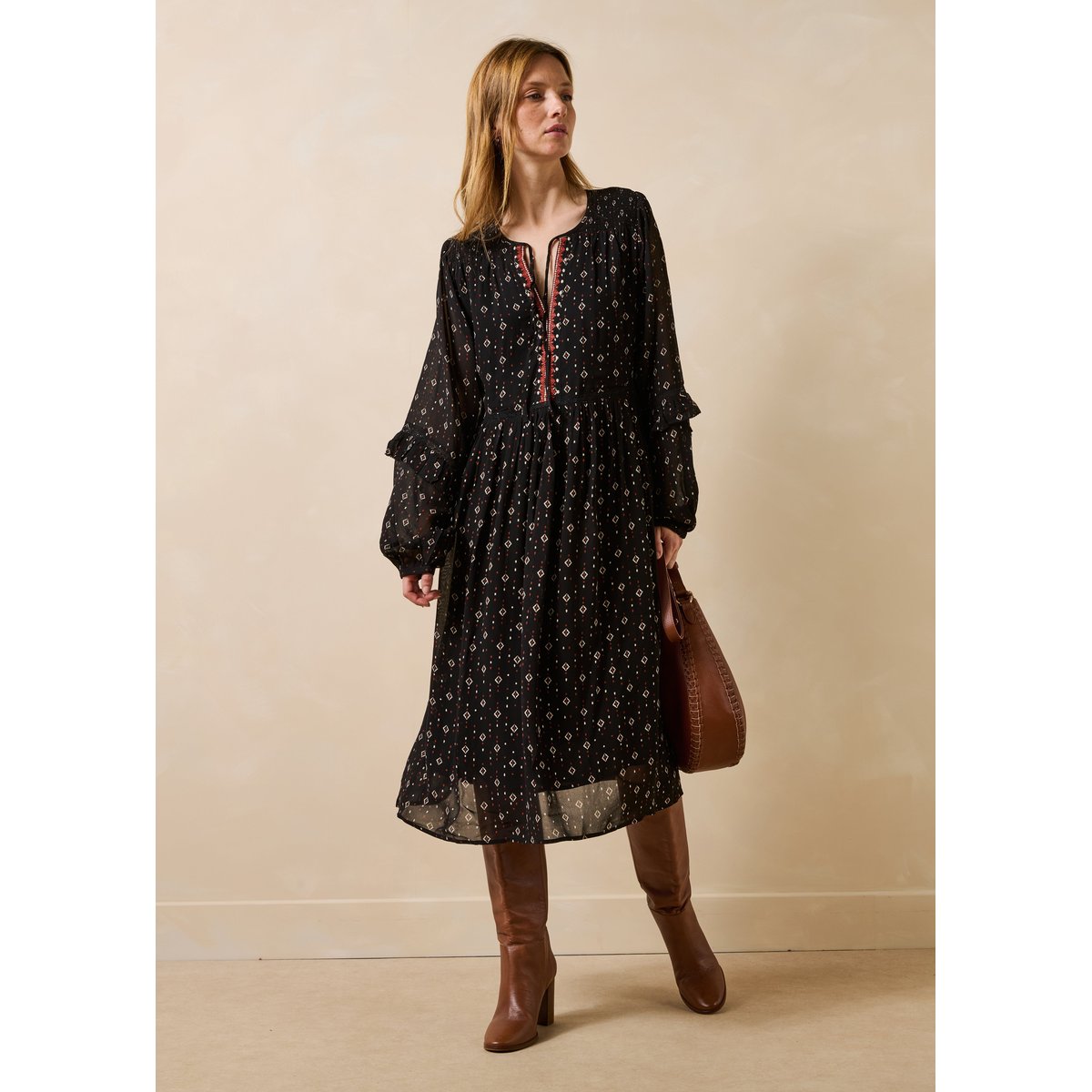 Robe midi en voile imprimé manches longues noir, LA FEE MARABOUTEE