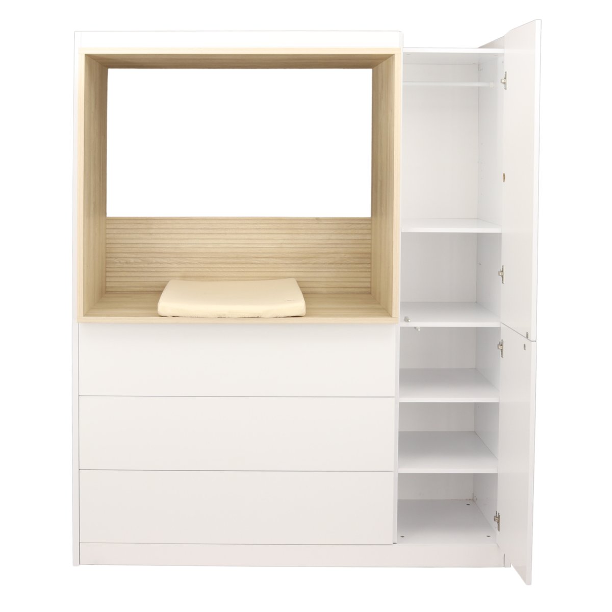 Combiné commode à langer 3 tiroirs, 1 colonne et niche décor chêne sépia blanc, SAUTHON