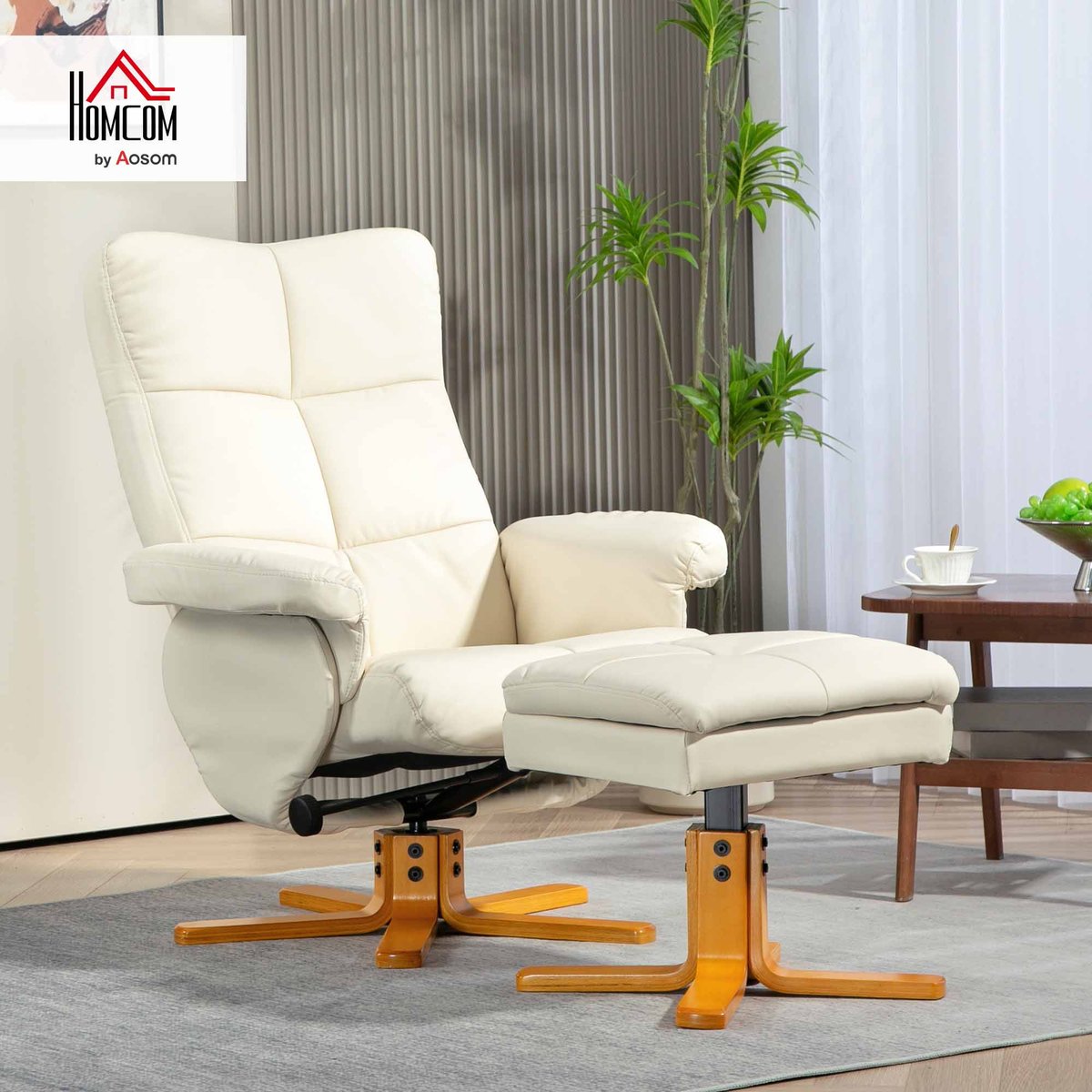 Fauteuil inclinable avec repose-pieds PU crème, HOMCOM