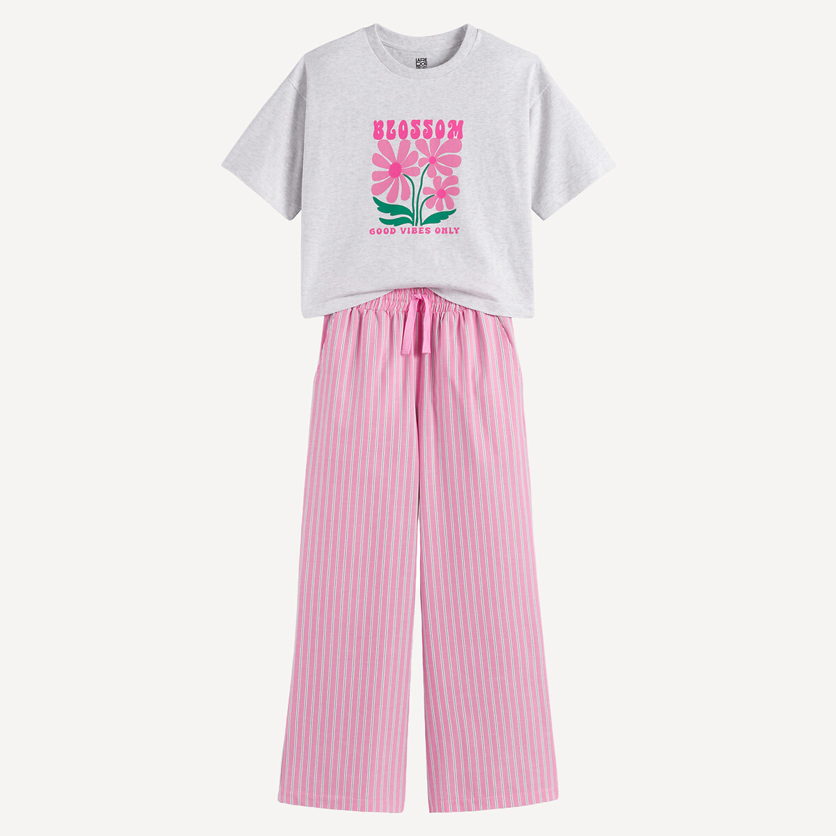 Pyjama coton, T-shirt et pantalon rayé gris/rose, LA REDOUTE COLLECTIONS