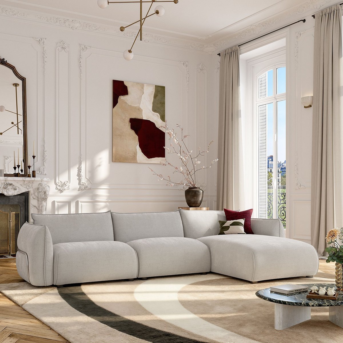 Canapé d'angle droit en tissu CELESTE gris clair, HABITAT
