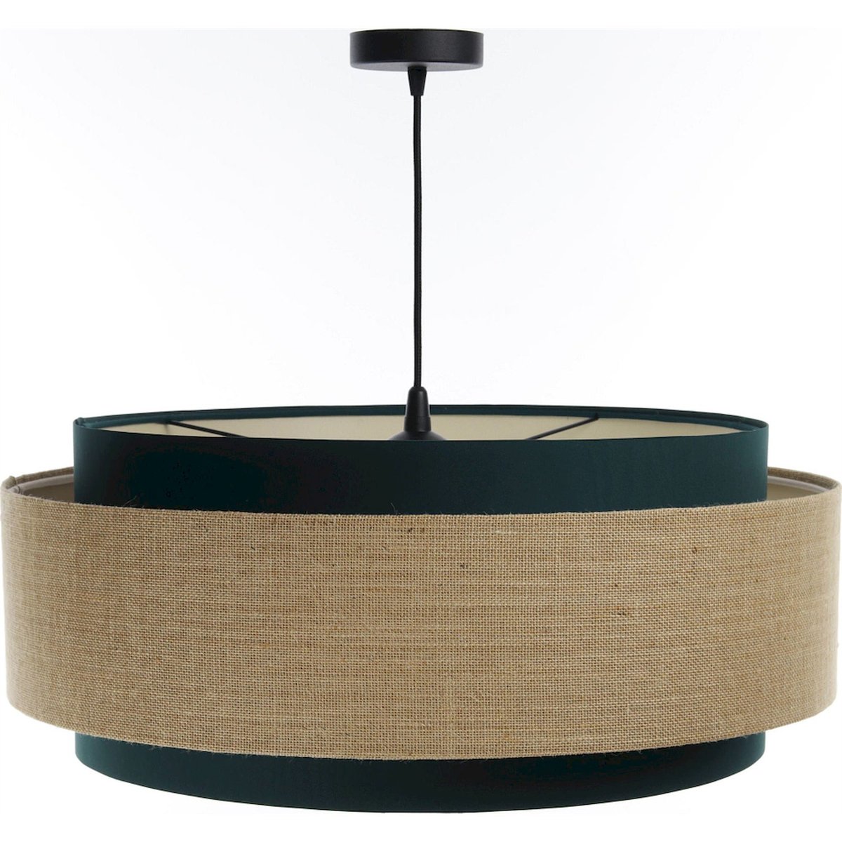 Suspension en tissu, DOBLO abat-jour en tissu satiné chanvre beige clair et pvc lisse vert bouteille intérieur crème, BPS KONCEPT
