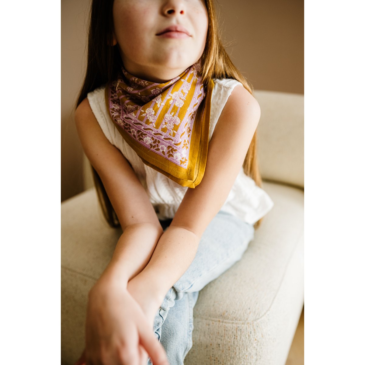 Foulard enfant en coton Mona vert khaki, BINDI ATELIER