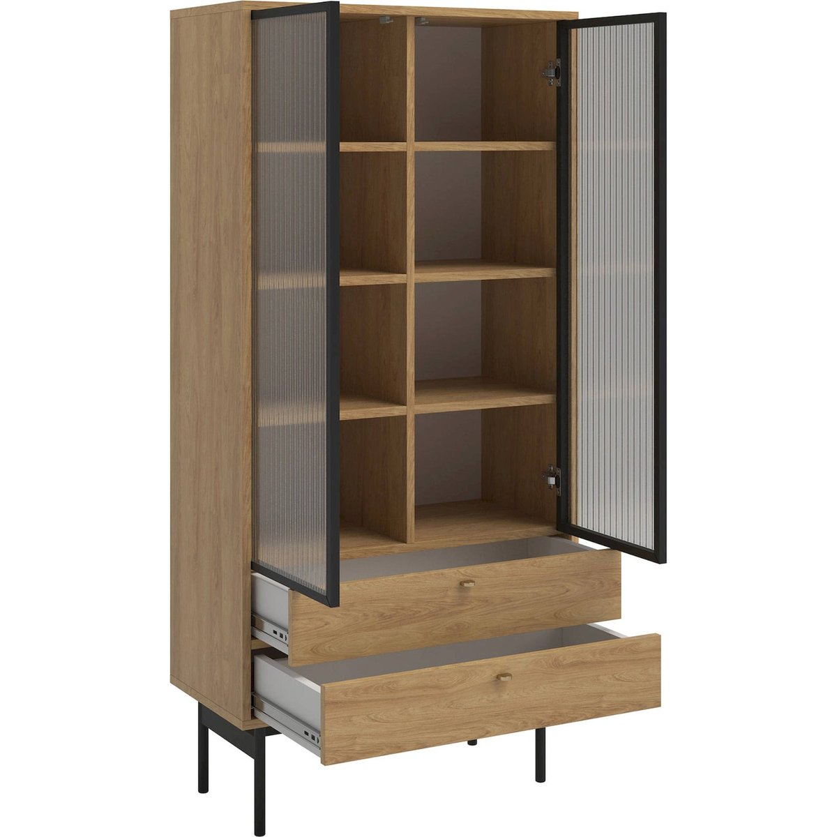 Vitrine haute bois et verre strié OLAR hickory naturel, noir et doré, RECOLLECTION