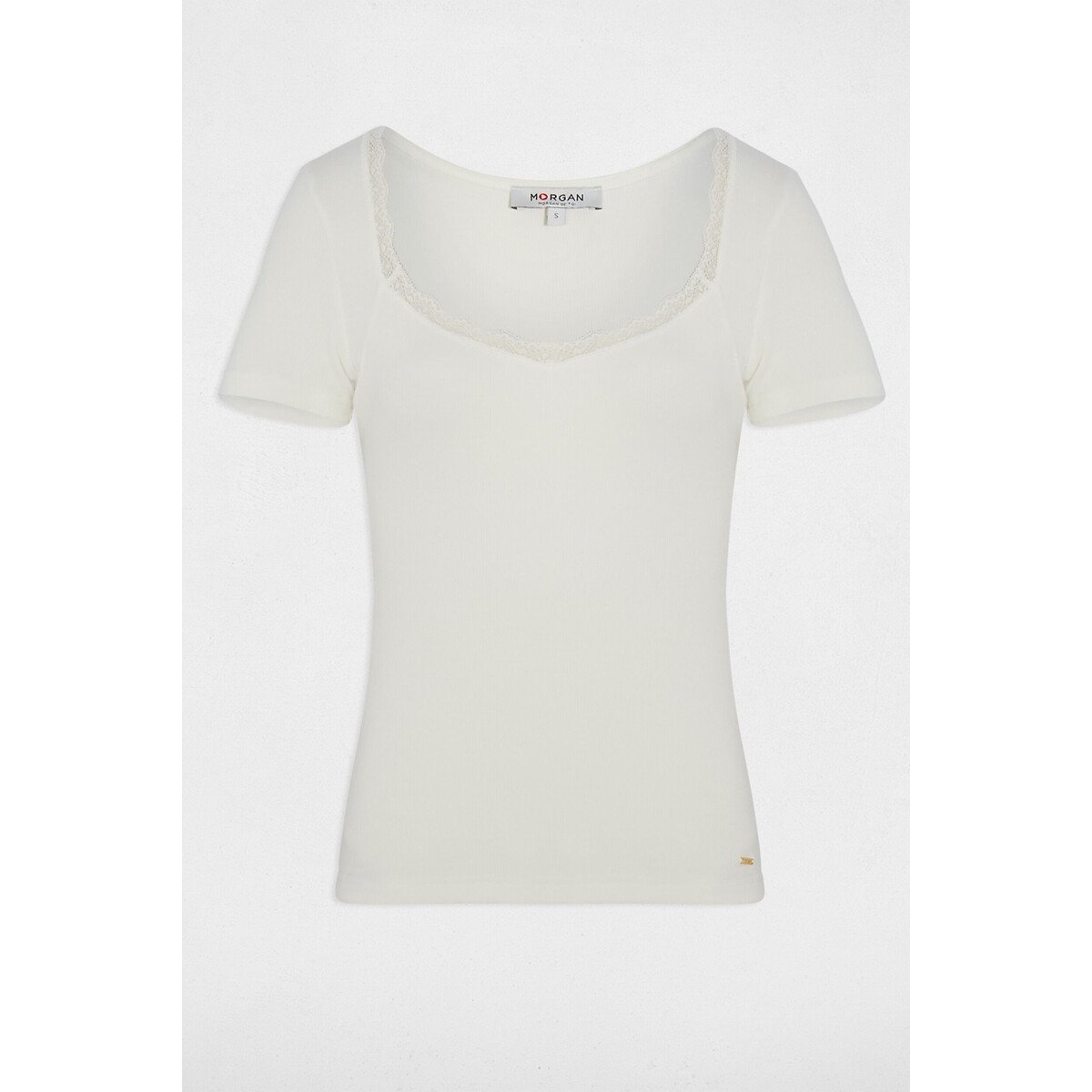 Tee shirt col carré manches courtes blanc, MORGAN