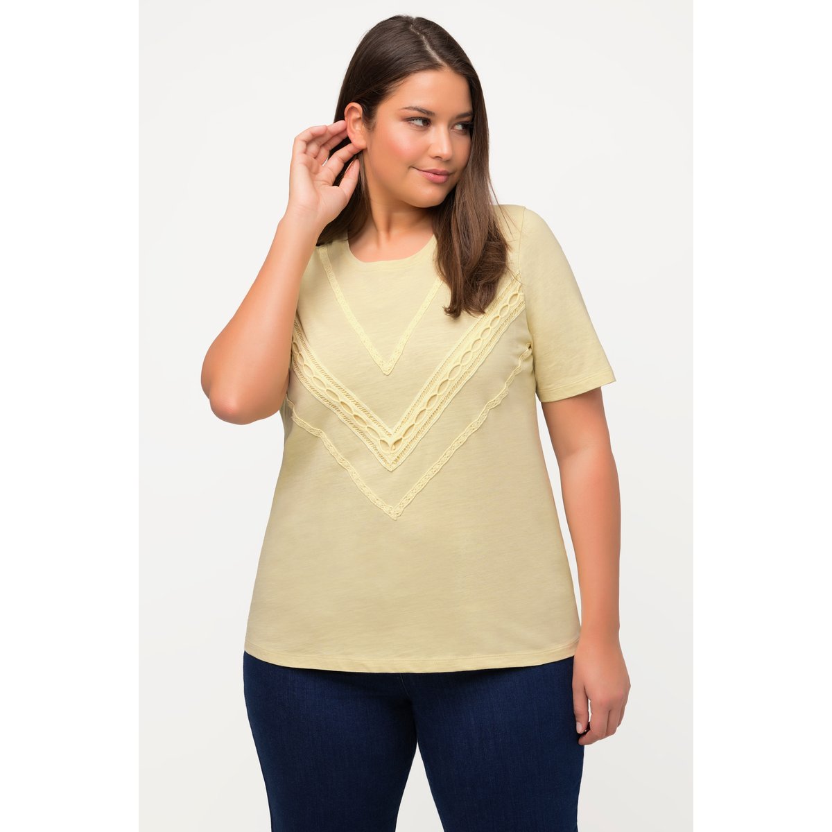 T-shirt, motif tressé, col rond vert jaune vif, ULLA POPKEN