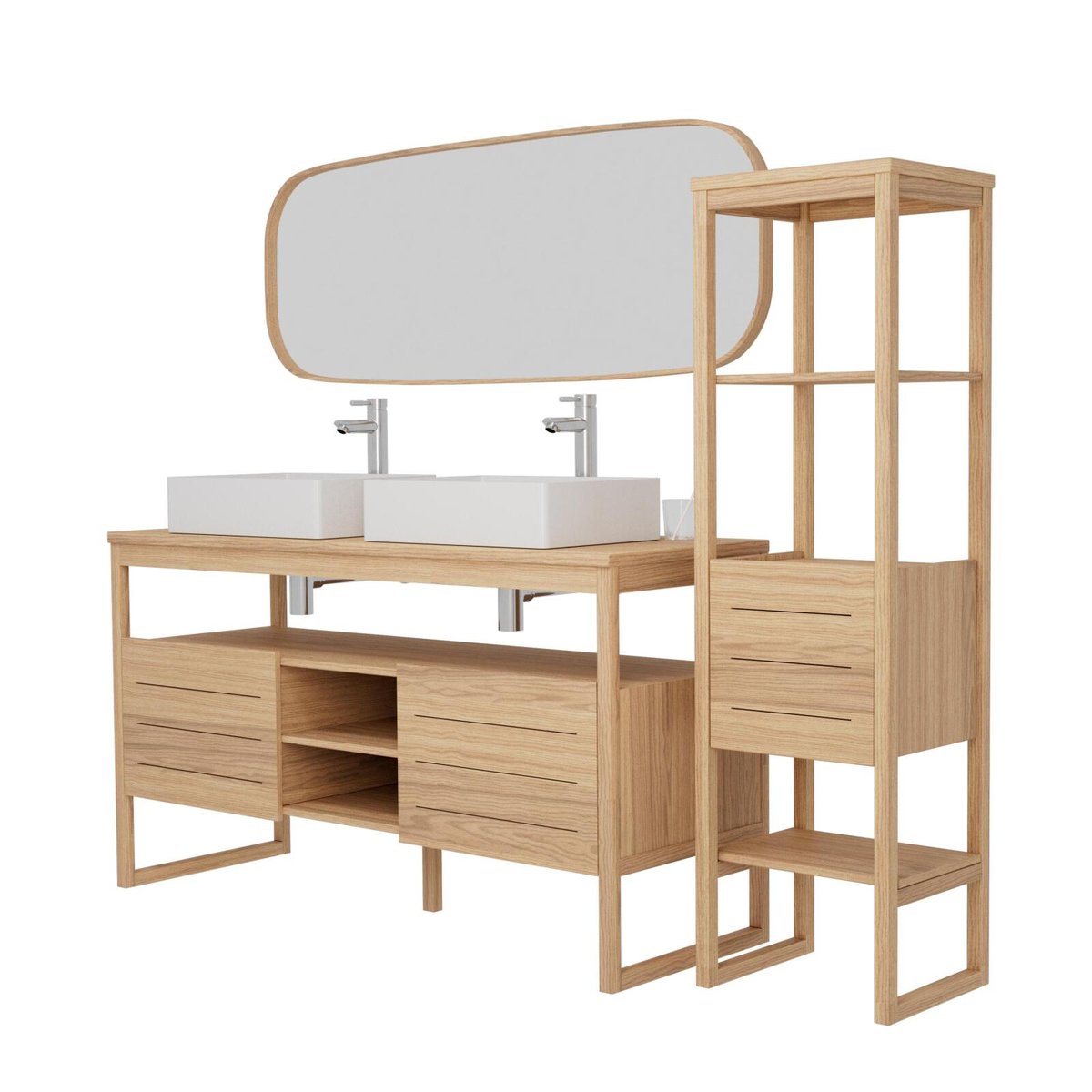 Ensemble meuble double vasque 140 cm + Vasques + Robinets + Miroir + Colonne ATOLL chêne - mdf - mat, MOB IN