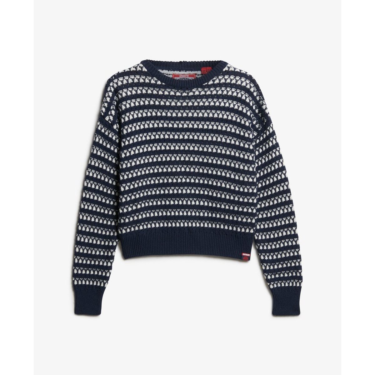 Pull ras du cou court rayé en crochet rayures bleu marine foncé, SUPERDRY