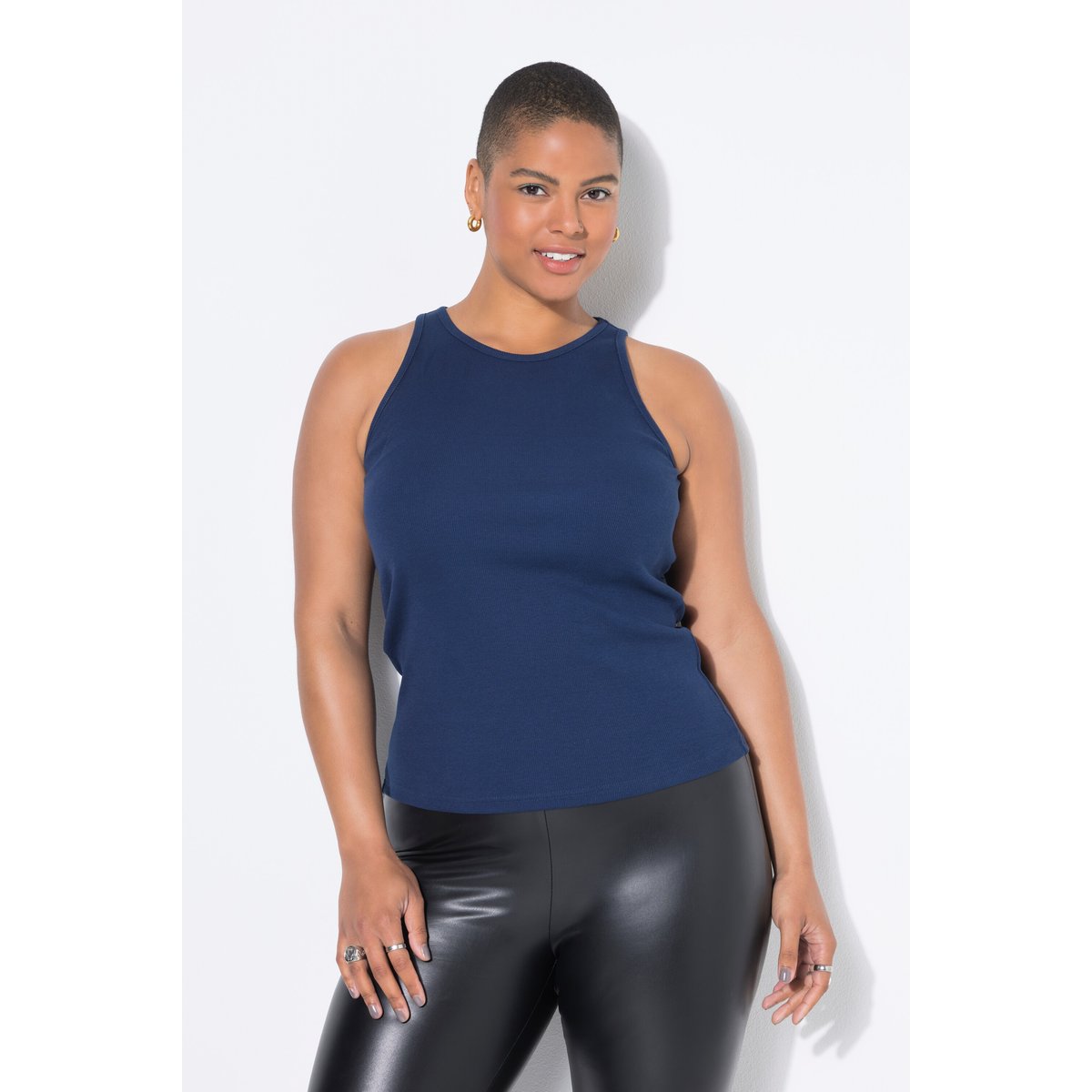 Débardeur coupe Slim Shape, en jersey côtelé bleu foncé, STUDIO UNTOLD
