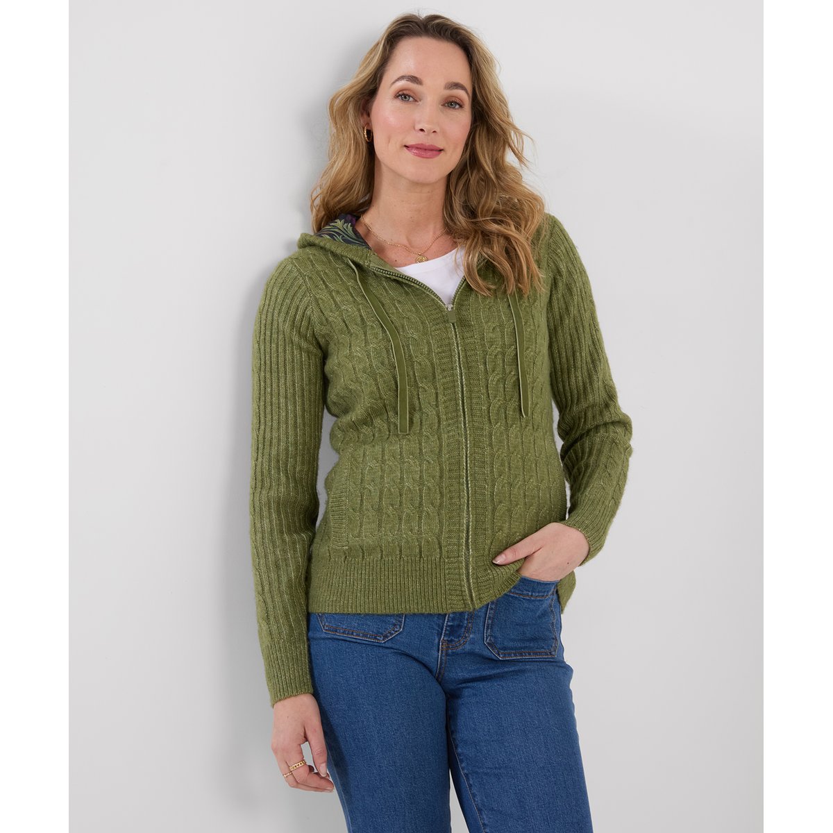 Cardigan Zippé à Capuche en Maille Torsadée Douillet vert, JOE BROWNS