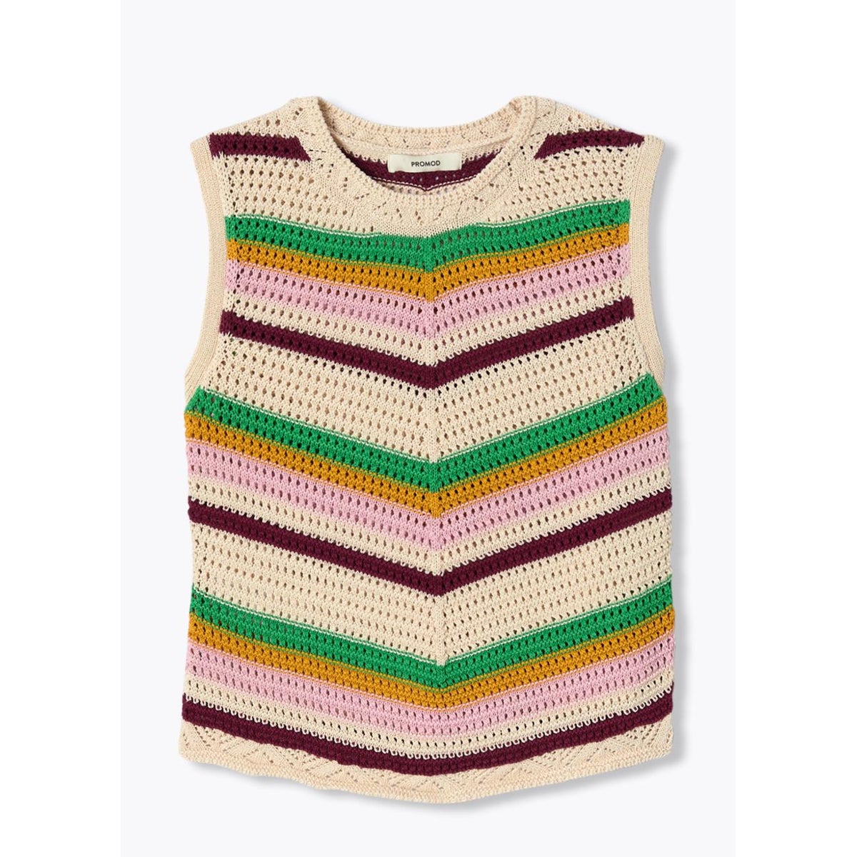 Pull sans manches en crochet rayé écru, PROMOD
