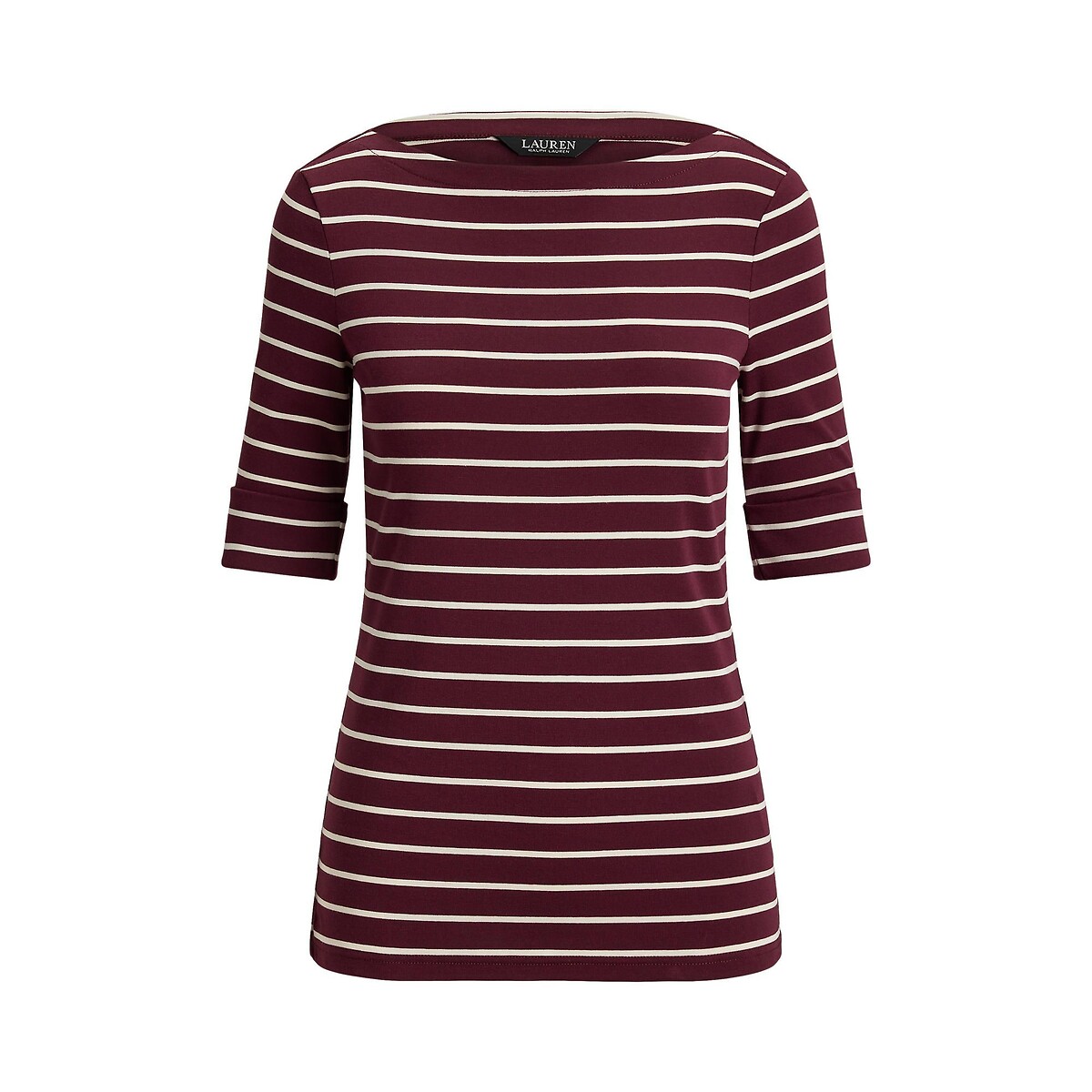 Judy Striped Boat Neck T-Shirt with Short Sleeves burgundy striped/white, LAUREN RALPH LAUREN
