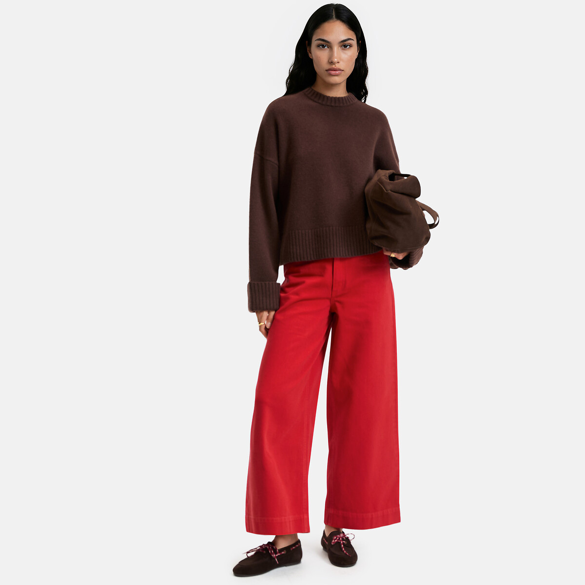 Calças largas de corte 7/8 com cintura subida, em algodão vermelho, LA REDOUTE COLLECTIONS