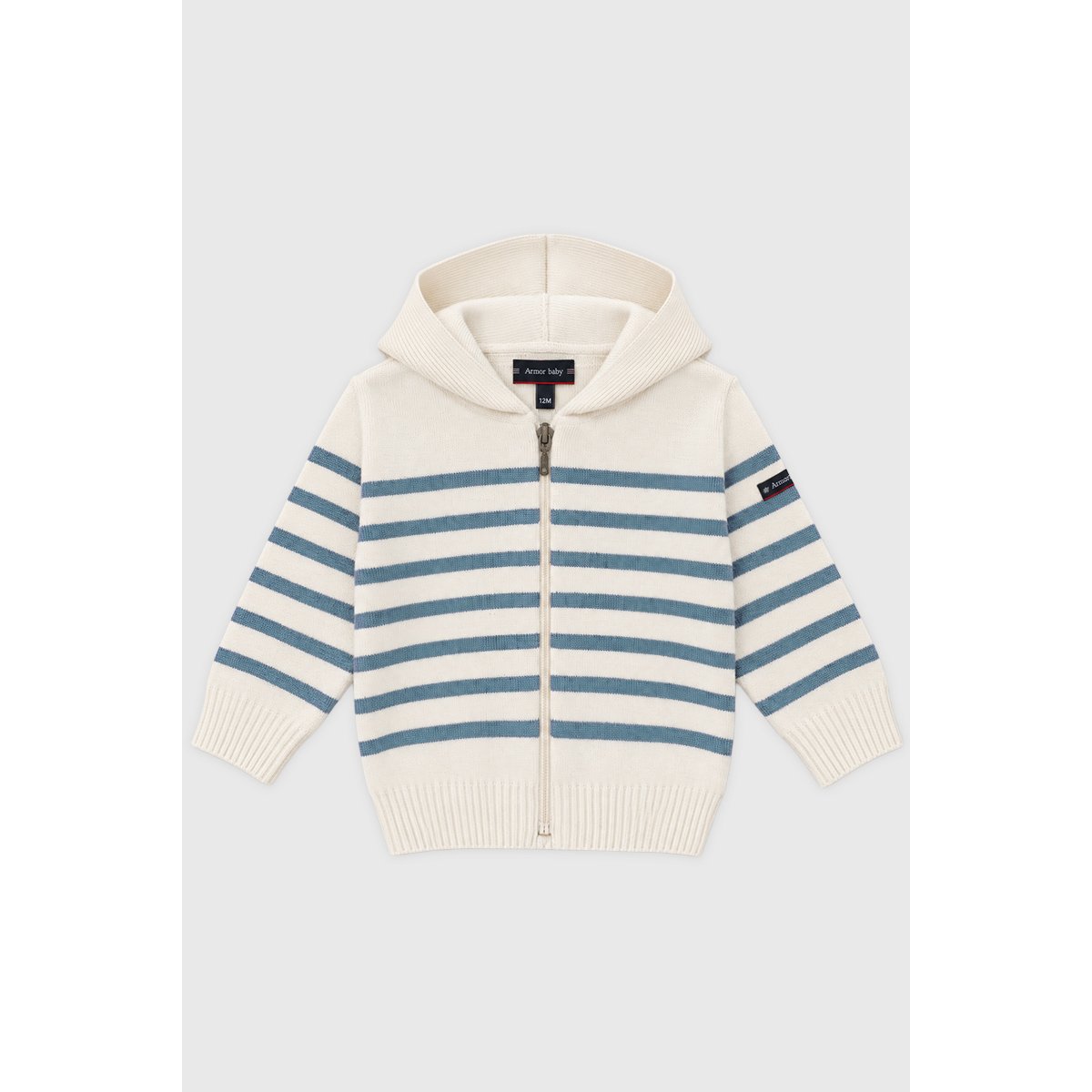 Cardigan à capuche Baby - coton et laine mérinos nature/ bluefin, ARMOR-LUX