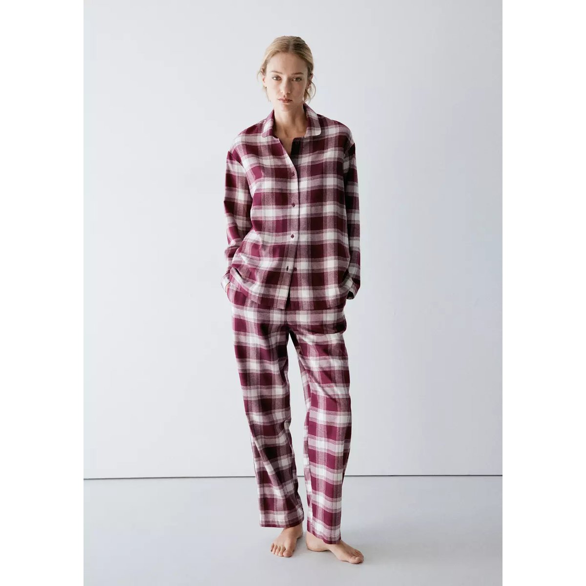 Chemise pyjama flanelle carreaux bordeaux, MANGO
