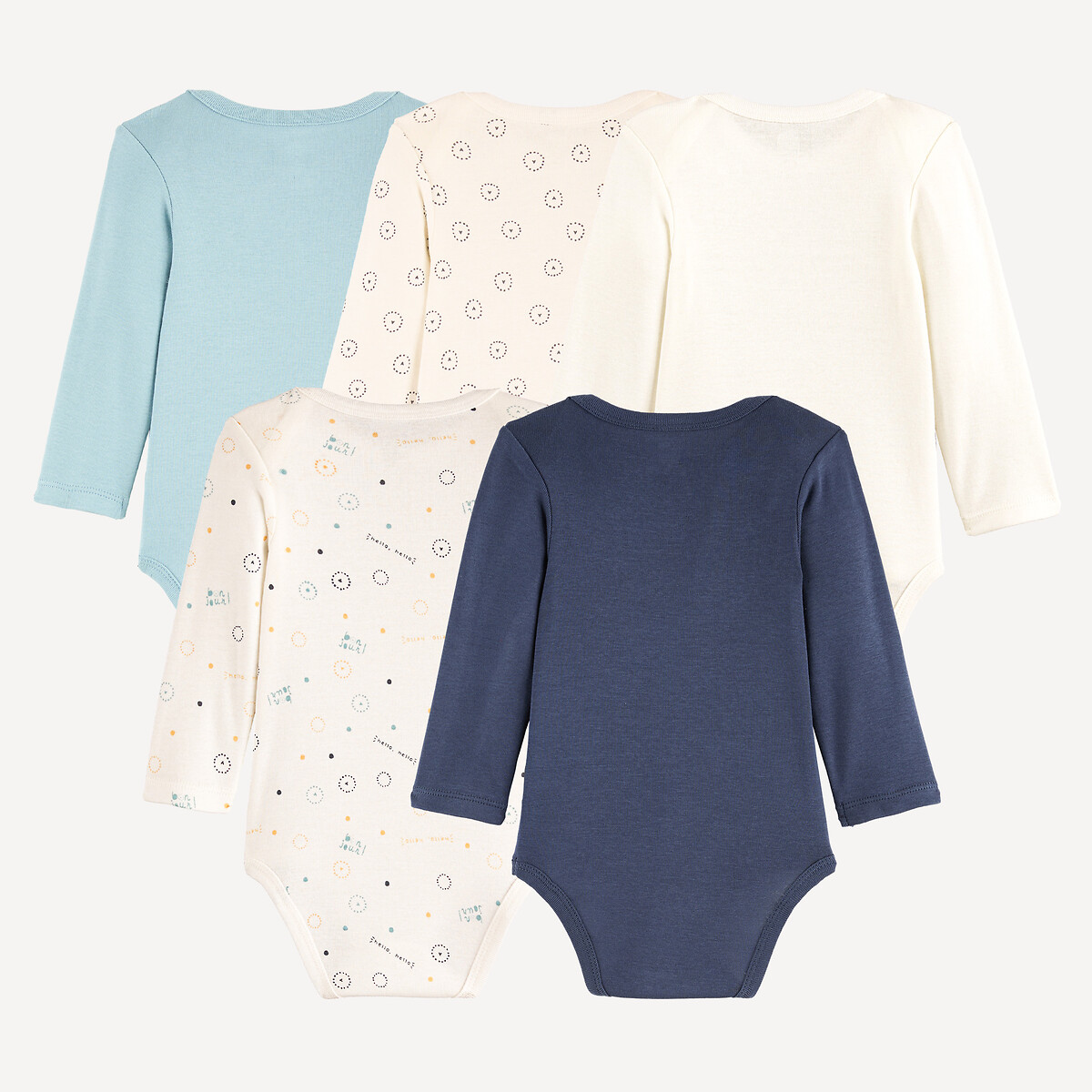 Lot de 5 bodies emmanchures américaines manches longues, motifs messages marine + bleu + écru, LA REDOUTE COLLECTIONS