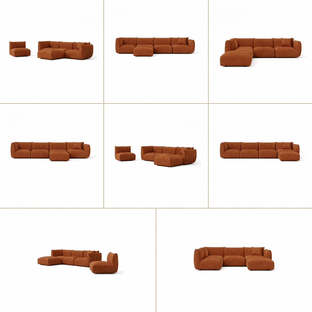Canapé grand angle gauche modulable 7 places en velours chenillé NOOMA terracotta, SIA HOME