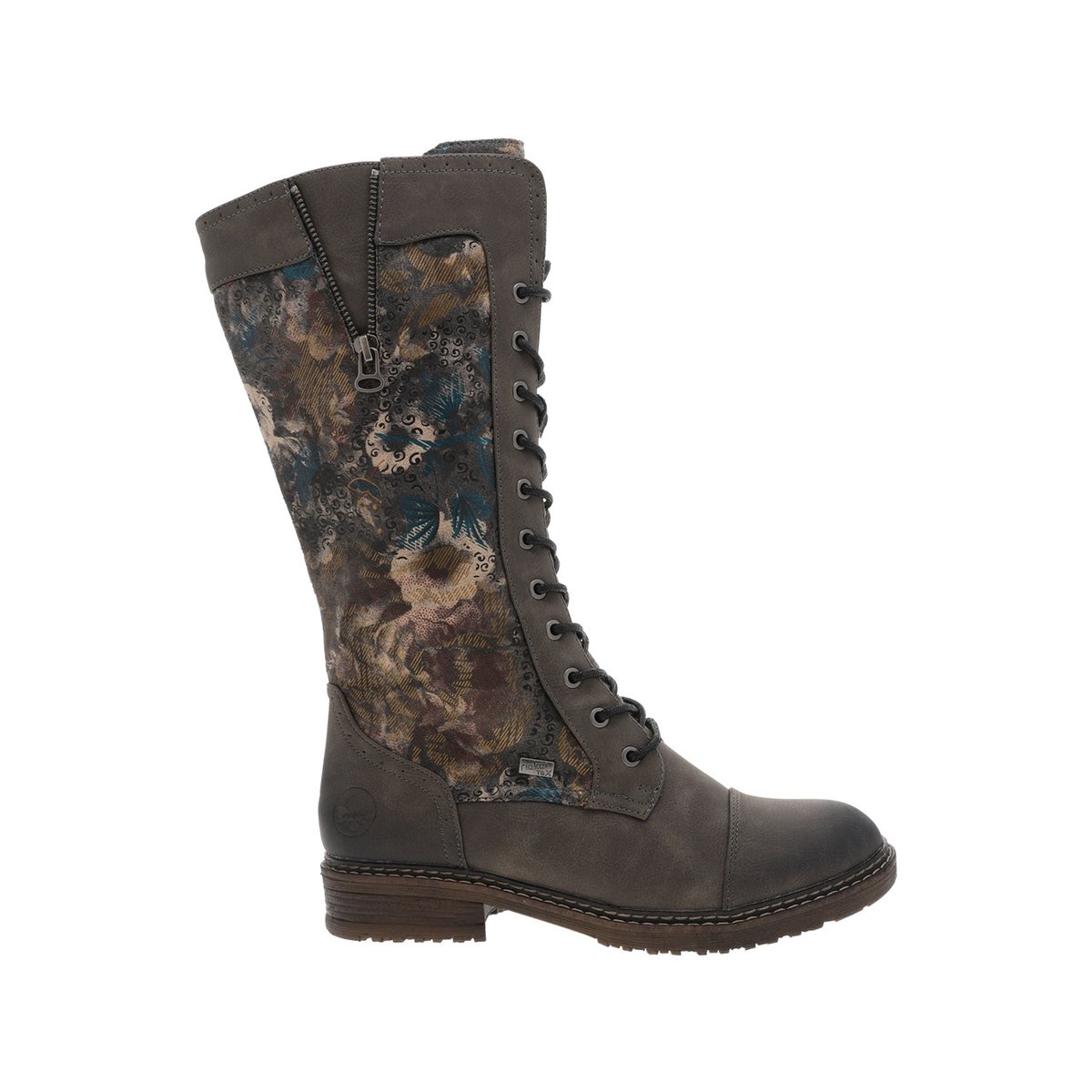 Bottes grises à talon décroché bas avec un zip et des lacets ronds grises, RIEKER